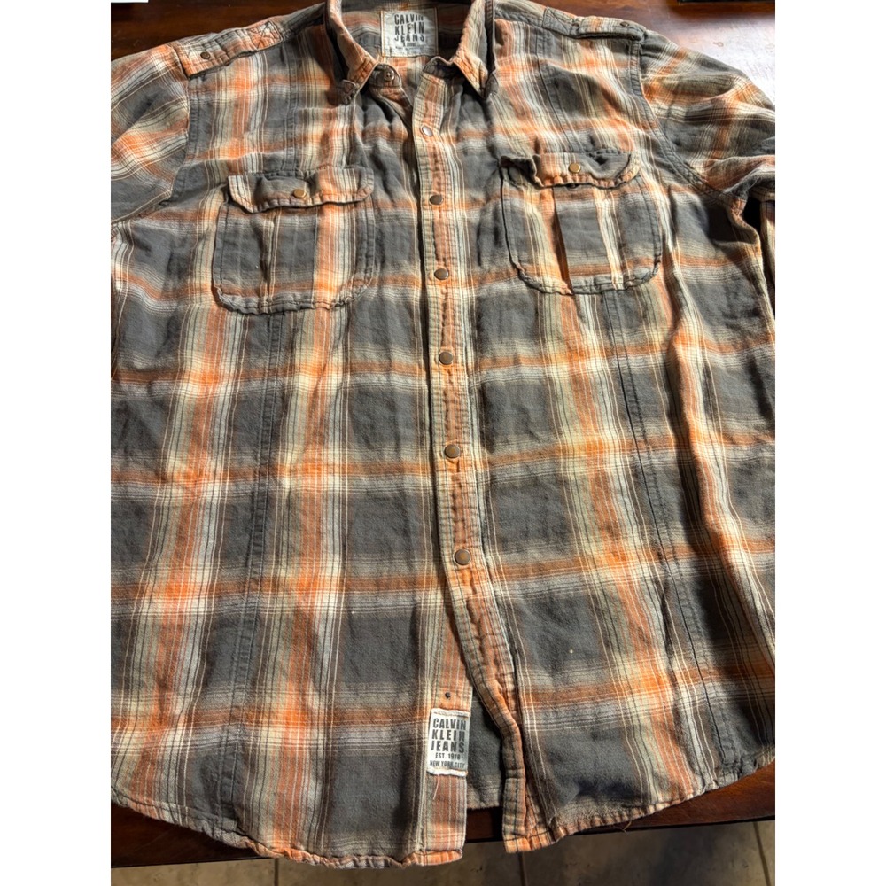 Calvin Klein Jeans Mens X Large Orange Grey Plaid Button Down Utility Shirt